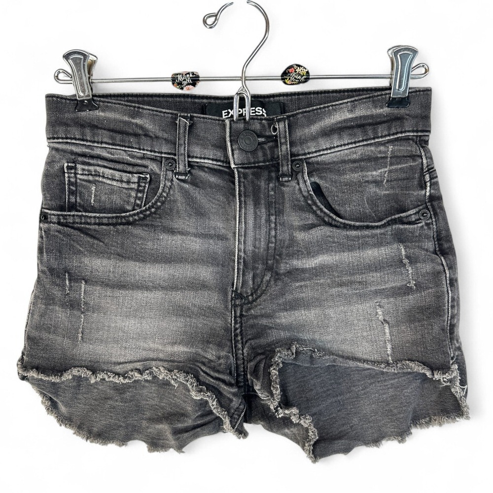 Express Black Cutoff Shorts Size 00 (27x2)‎ Distressed Denim Booty Raw Hem